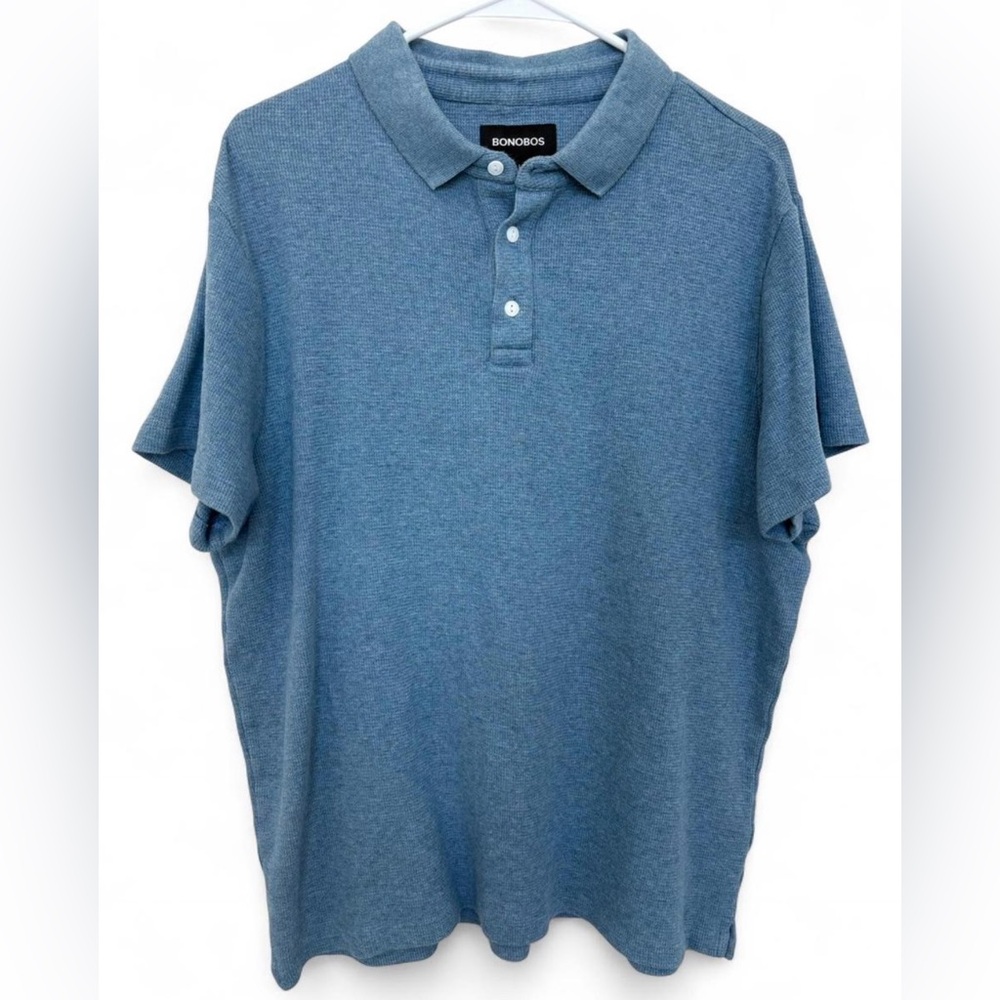 Men's Bonobos Blue Knit Collared Polo Large Preppy Short Sleeve Button Up Cotton